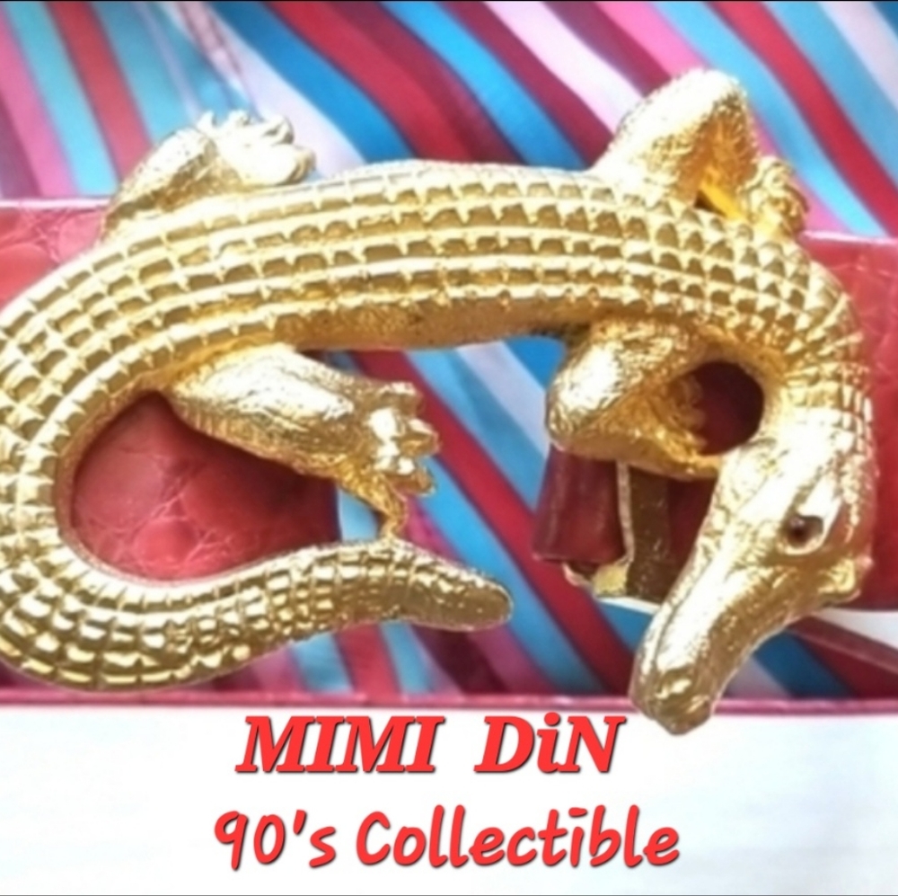 90s Mimi DiN Gold Alligator  Crocodile Mold Croc Collector 2 Pc Buckle Red Belt